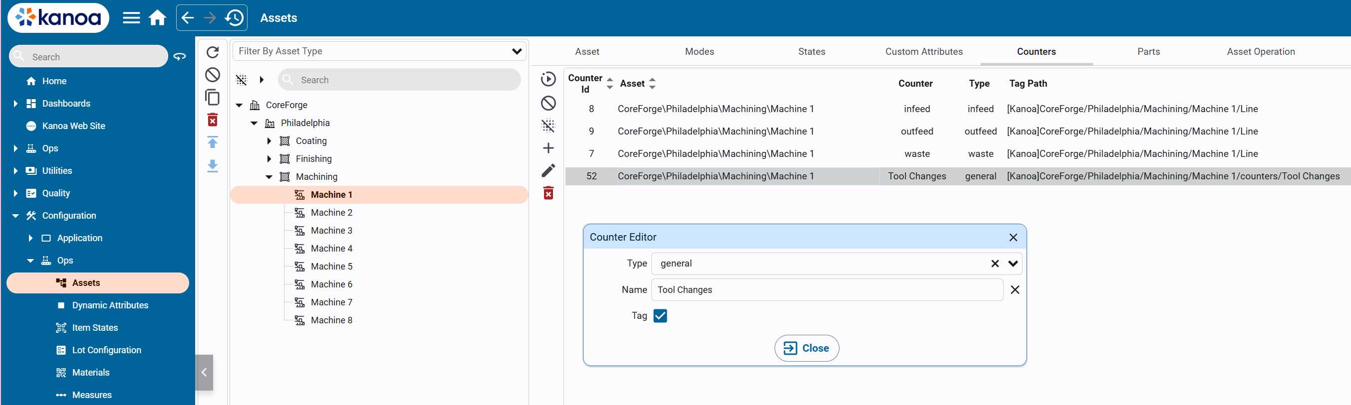The Counters tab in Asset Configuration, listing the infeed, outfeed and waste counters on an asset along with two general counters, and the Counter Editor adding a general counter named Bottle Tops with Tag ticked